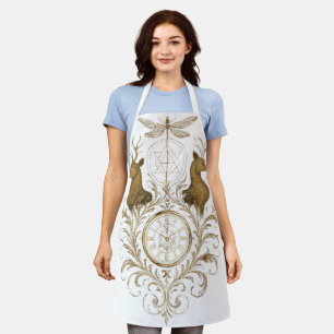Vintage Gold Deer and Dragonfly Aesthetic All-Over Apron