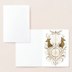 Vintage Gold Deer & Dragonfly Aesthetic Art Greeti Foil Card