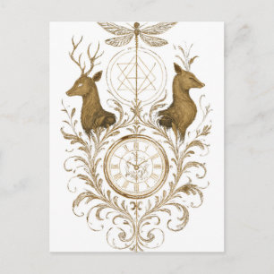 Vintage Gold Deer & Dragonfly Aesthetic Art Greeti Postcard