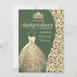 Vintage gold dress damask tiara Quinceañera green Invitation