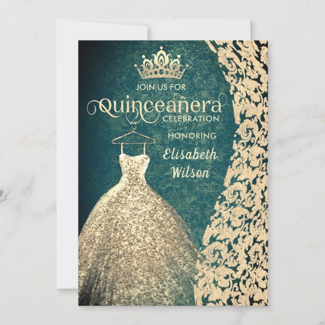 Vintage gold dress damask  tiara Quinceañera green Invitation (Front)
