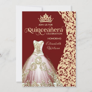 Vintage gold dress damask  tiara Quinceañera Invitation
