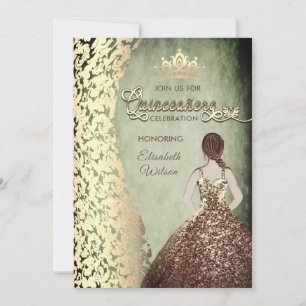Vintage gold dress damask tiara Quinceañera Invitation