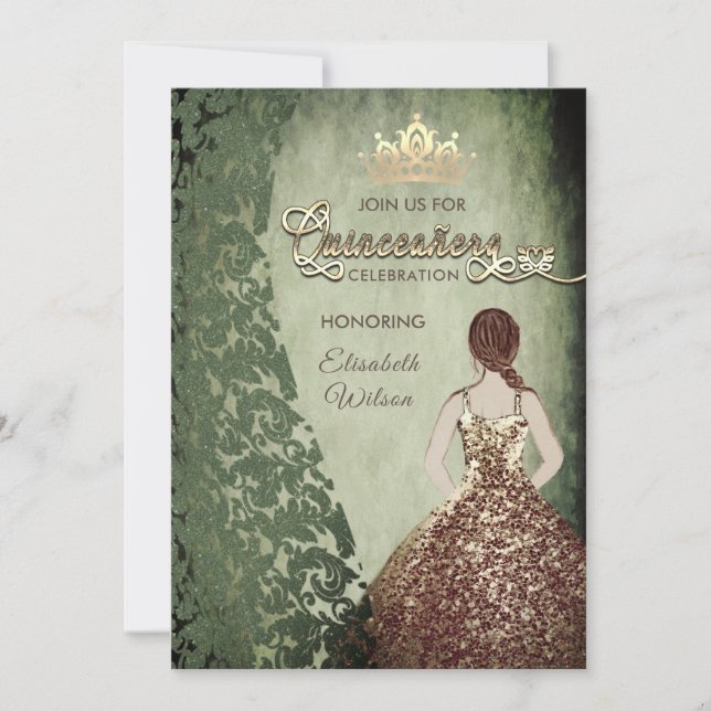 Vintage gold dress damask  tiara Quinceañera Invitation (Front)