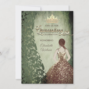 Vintage gold dress damask tiara Quinceañera Invitation