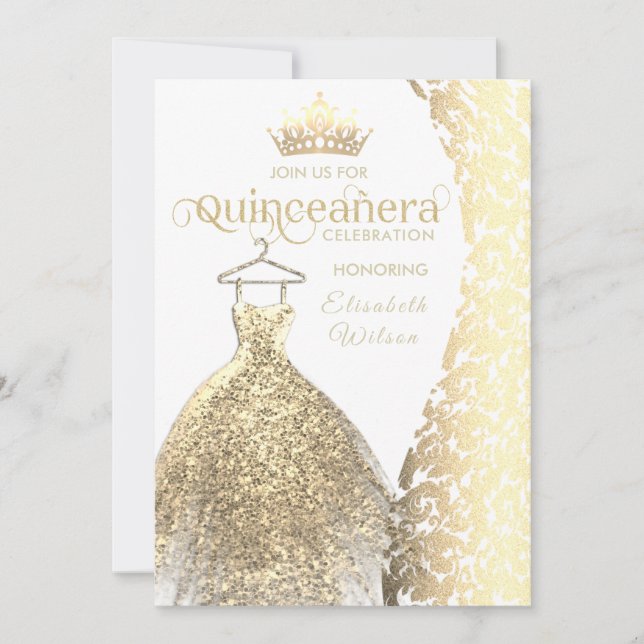 Vintage gold dress damask  tiara Quinceañera Invitation (Front)