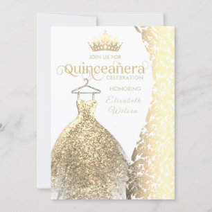 Vintage gold dress damask tiara Quinceañera Invitation