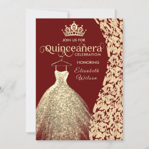 Vintage gold dress damask  tiara Quinceañera red Invitation
