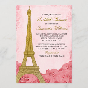 Vintage Gold Eiffel Tower Pink Roses Bridal Shower Invitation