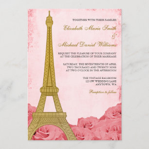 Vintage Gold Eiffel Tower Pink Roses Wedding Invitation