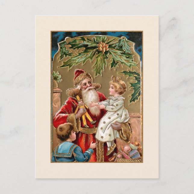 Vintage Gold Embellished Santa with Children Postcard (Front)