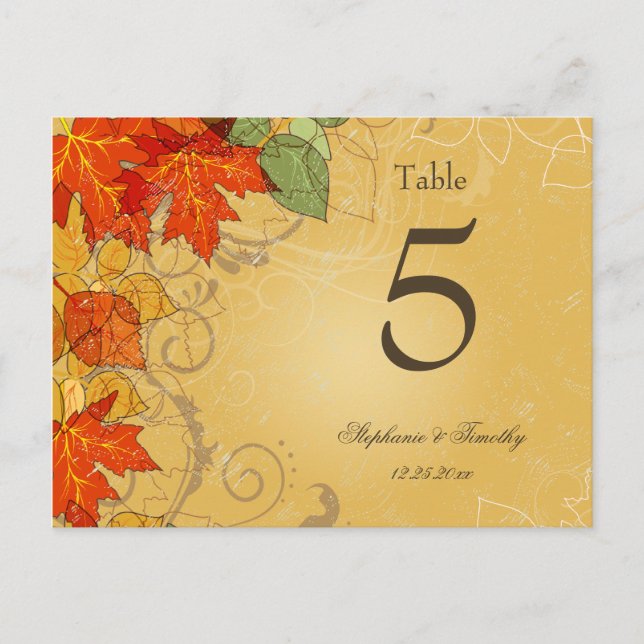 Vintage gold fall leaves wedding table number postcard (Front)