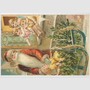 Vintage Gold Father Christmas with Happy Children Tissue Paper