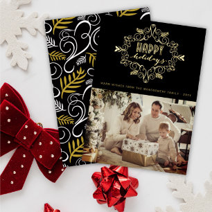 Vintage Gold Festive Foliage Happy Holidays Photo Foil Holiday Card