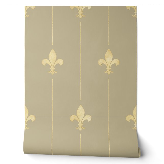 Vintage Gold Fleur-de-Lis Latte Wallpaper (Unrolling)