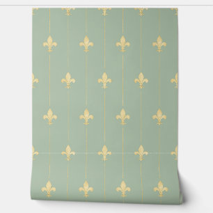 Vintage Gold Fleur-de-Lis Sage (small scale) Wallpaper