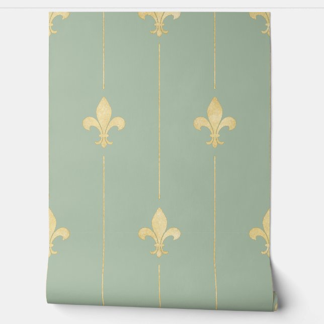Vintage Gold Fleur-de-Lis Sage Wallpaper (Unrolling)