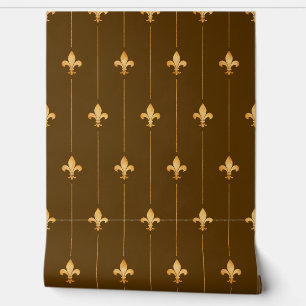 Vintage Gold Fleur-de-Lis (small scale) Dark Brown Wallpaper