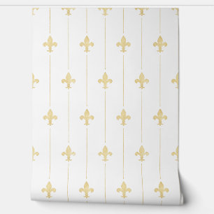 Vintage Gold Fleur-de-Lis White (small scale) Wallpaper