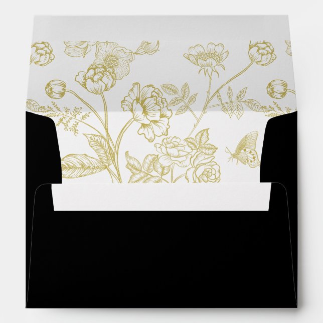 Vintage Gold Floral Black Wedding Invitation Envelope (Back (Bottom))
