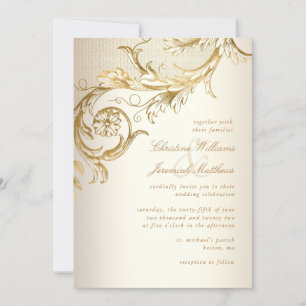 Vintage Gold Floral Damask Elegant Script Wedding Invitation
