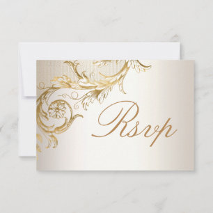 Vintage Gold Floral Damask Elegant Script Wedding RSVP Card