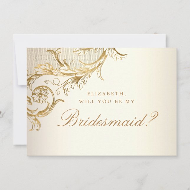 Vintage Gold Floral Damask Script Bridesmaid Invitation (Front)