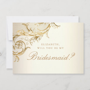 Vintage Gold Floral Damask Script Bridesmaid Invitation