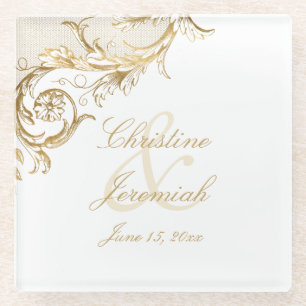 Vintage Gold Floral Damask Script Names Wedding Glass Coaster