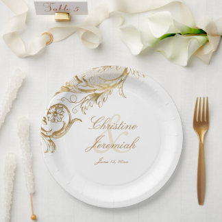 Vintage Gold Floral Damask Script Names Wedding Paper Plate
