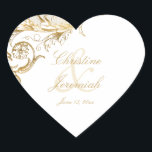 Vintage Gold Floral Damask Script White Wedding He Heart Sticker<br><div class="desc">These custom white and gold wedding stickers will add a touch of elegance to your mailings and gifts. The vintage gold floral damask flourish and typography design features delicate calligraphy in faux gold with your names and wedding date to personalise on a simple white background. Best of wishes for your...</div>