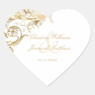 Vintage Gold Floral Damask Script White Wedding Heart Sticker