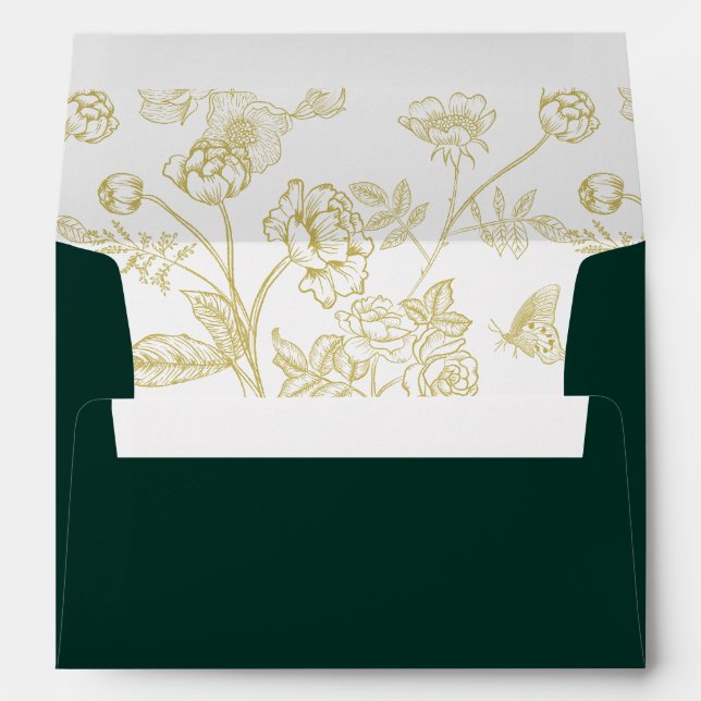 Vintage Gold Floral Emerald Wedding Invitation Envelope (Back (Bottom))
