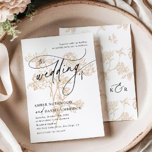 Vintage Gold Floral Modern Black & White Wedding Invitation