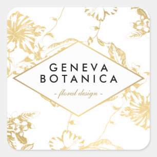 Vintage Gold Floral Pattern on White Designer Square Sticker