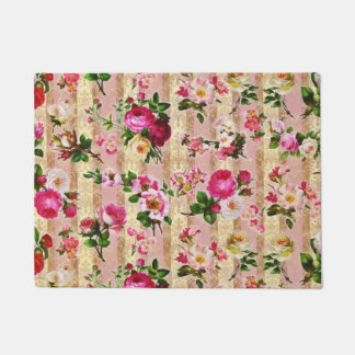 Vintage Gold Floral Pink Roses Damask Doormat