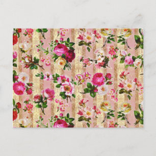 Vintage Gold Floral Pink Roses Damask Postcard