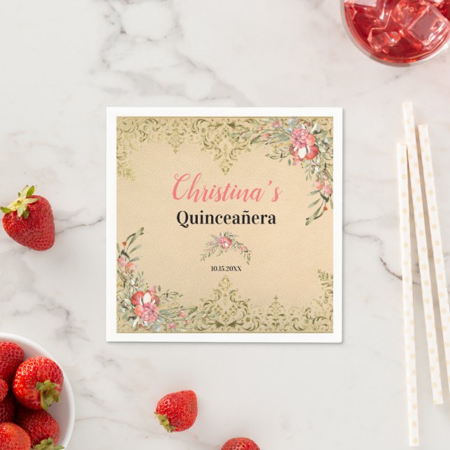 Vintage Gold Floral Quinceañera Birthday  Napkin (Insitu)