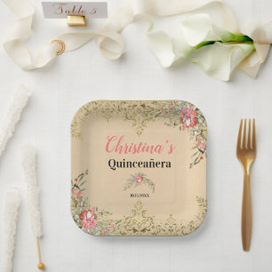 Vintage Gold Floral Quinceañera Birthday Paper Plate