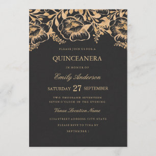 Vintage Gold Floral Quinceanera Invitation