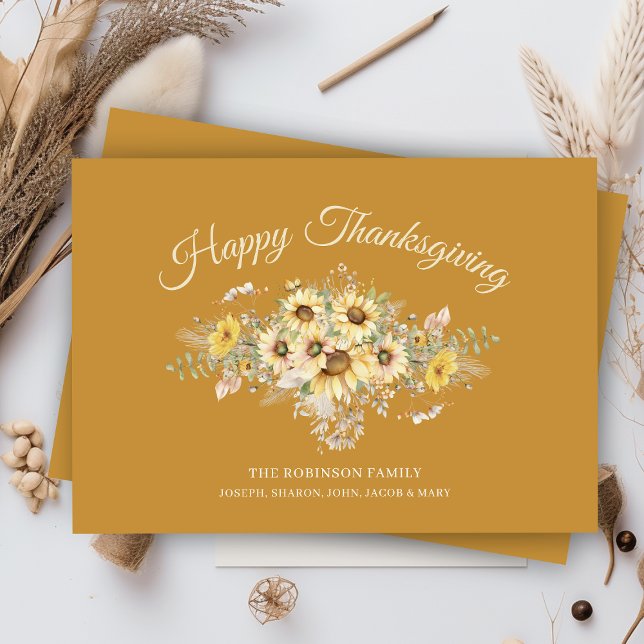 Vintage Gold Floral Thanksgiving Greeting Holiday Card (rustic goldenrod colored sunflowers thanksgiving cards with name and message flat design template)