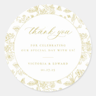 Vintage Gold Floral Wedding Thank You Classic Round Sticker