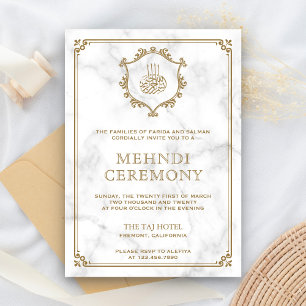 Vintage Gold Flourish White Marble Islamic Mehndi Enclosure Card