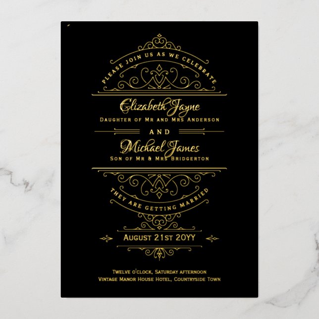 Vintage GOLD FOIL Classic Black Ornate Wedding (Front)