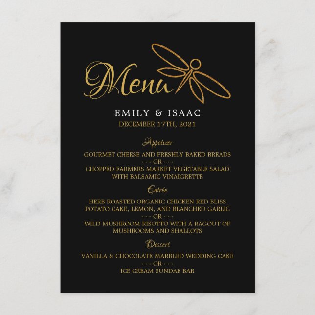 Vintage Gold Foil Dragonfly Wedding Menu (Front)
