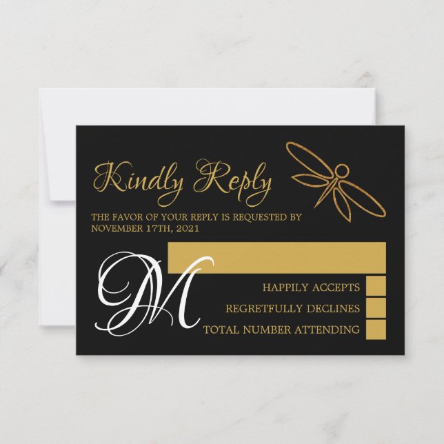 Vintage Gold Foil Dragonfly Wedding RSVP Card (Front)