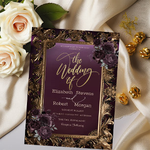 Vintage Gold Frame Burgundy Roses Wedding  Invitation