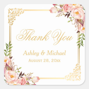 Vintage Gold Frame Floral Thank You Wedding Favour Square Sticker