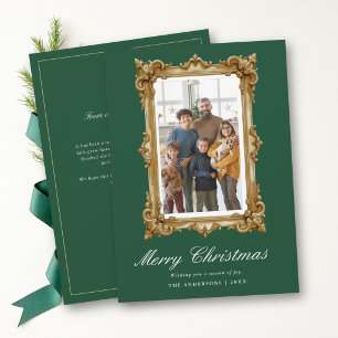 Vintage Gold Frame Green Family Christmas Photo Holiday Card