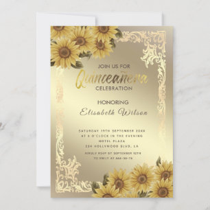 Vintage gold frame sunflower Quinceañera  Invitati Invitation